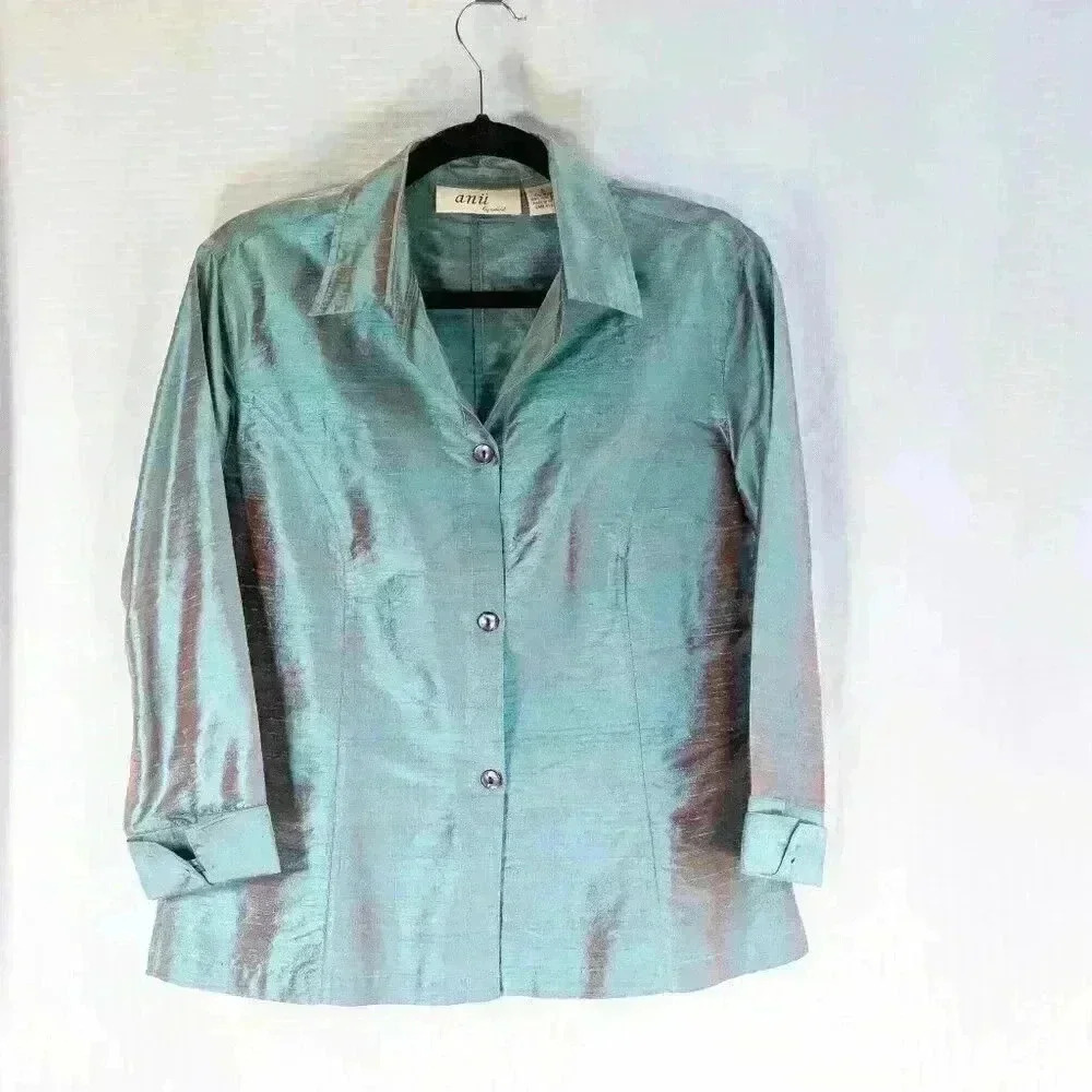 anu by Natural Size S 100% Silk lightweight turquoise/purple shirt jacket